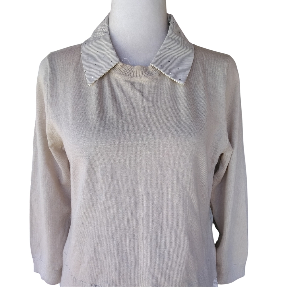 La Vila Milano Oatmeal Layered Look Rhinestone Detail Sweater Preppy Size Medium - Picture 2 of 8